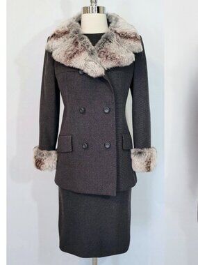 Vintage 60s NEIMAN MARCUS Wool Chinchilla Fur Trim 3 Pc Dress Suit Set XS/Small